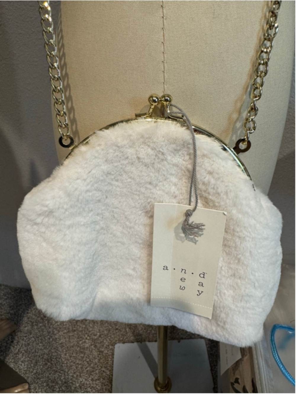 Women's A New Day Ivory Faux Fur Crossbody Bag Goldtone Chain Strap